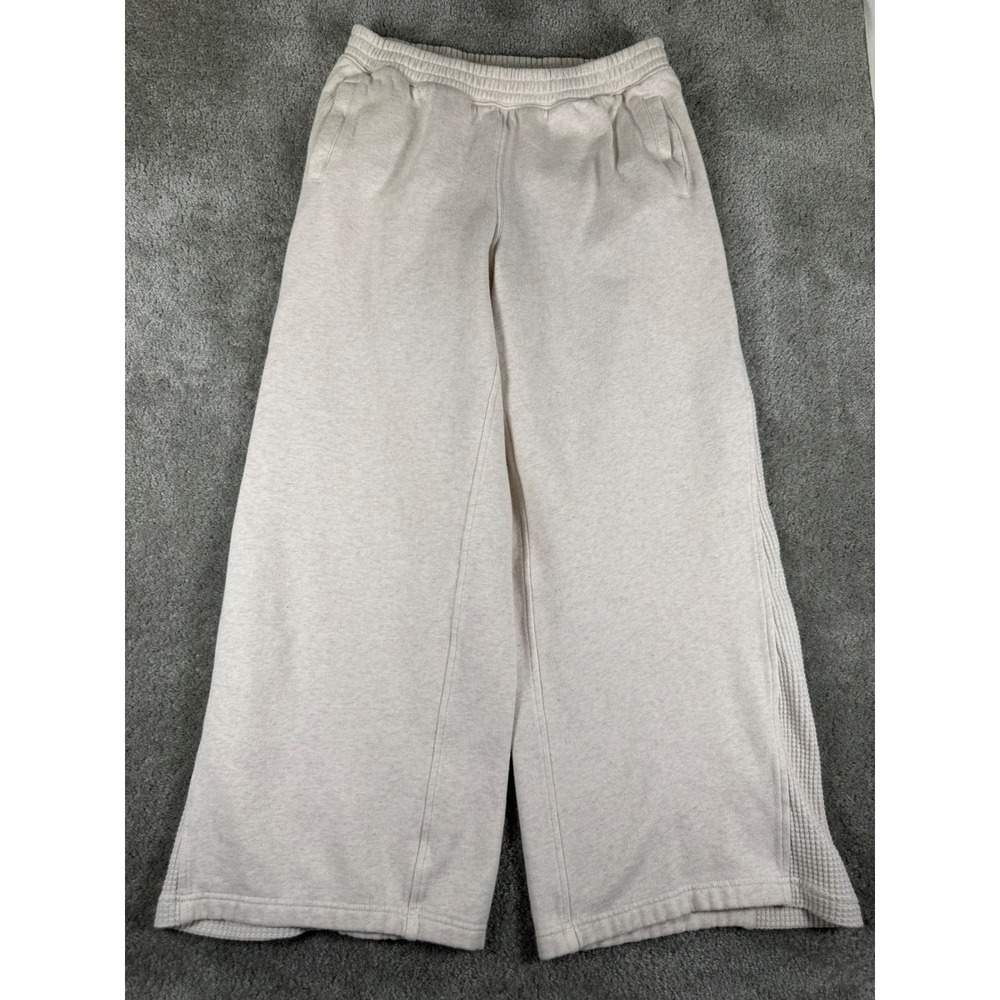 Aerie Wide Leg Sweatpants Oatmeal Heather Waffle Knit Trim Pockets Medium Reg